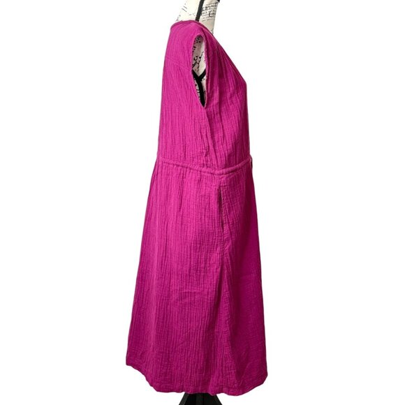 Pact Coastal Gauze Tie-Waist Midi Dress Cap-Sleeve Organic Cotton Magenta Sz XS - Picture 2 of 7